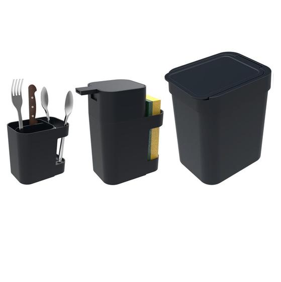 Imagem de Kit Cozinha Dispenser Porta Detergente + Lixeira 2,5L + Suporte Talheres - Soprano