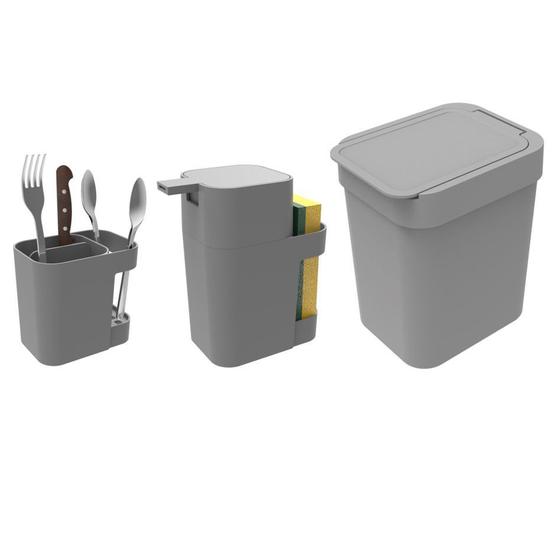 Imagem de Kit Cozinha Dispenser Porta Detergente + Lixeira 2,5L + Suporte Talheres - Soprano