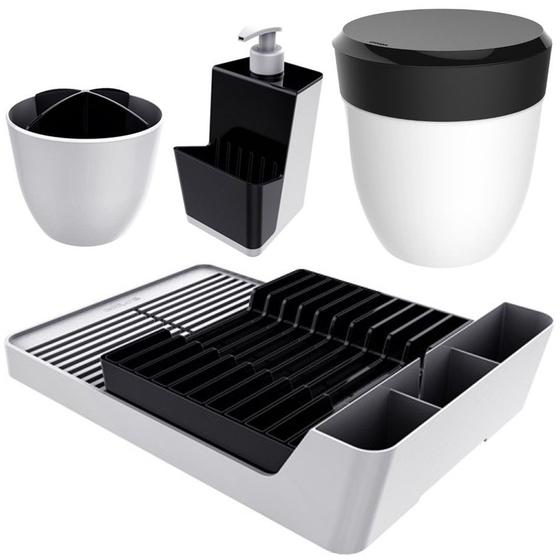 Imagem de Kit Cozinha Escorredor Louças + Porta Talheres + Dispenser Detergente + Lixeira Pia - Branco Crippa