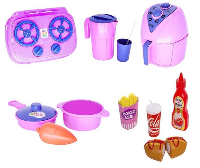 Imagem de Kit Cozinha Infantil Air Fryer Fogão Panela Comida Copo 12pç