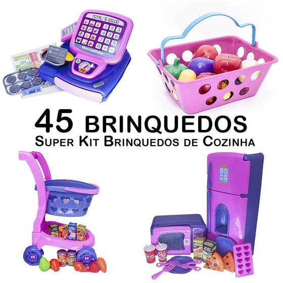 Imagem de Kit Cozinha Infantil Carrinho Caixa Geladeira Microondas 45p