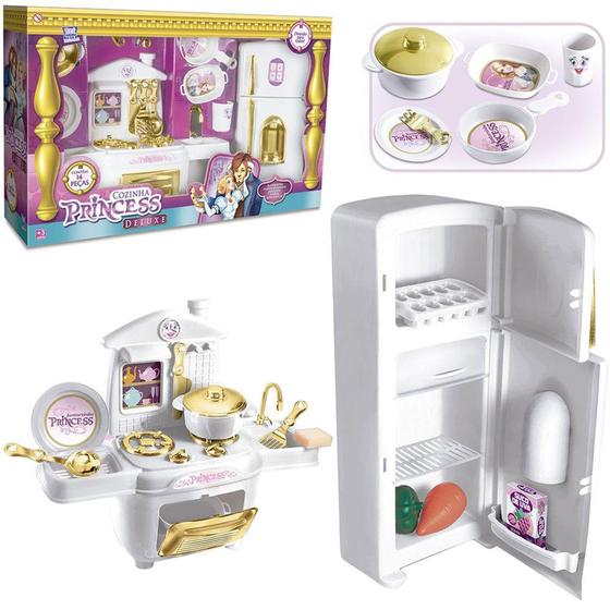 Imagem de Kit cozinha infantil com geladeira + fogao e acessorios cozinha princess deluxe 14 pecas - ZUCA TOYS