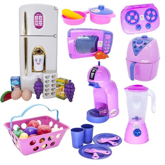 Imagem de Kit Cozinha Infantil Geladeira Rosa Branco Mercado Louça 41p