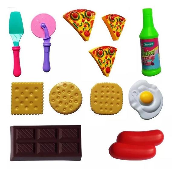 Imagem de Kit cozinha infantil lanche comidinha pizza carretilha espátula salsicha bolacha de brinquedo 