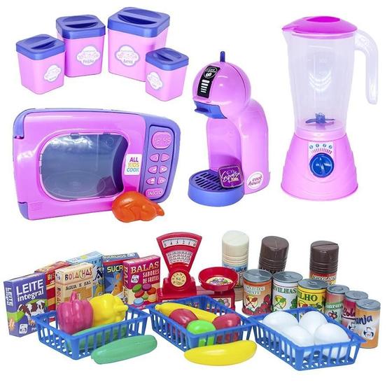 Imagem de Kit Cozinha Infantil Menina Rosa Mercado Microondas Pote 42P