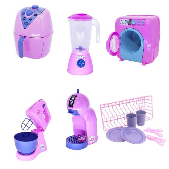 Imagem de Kit Cozinha Infantil Rosa Air Fryer Louça Máquina Lavar 14pç