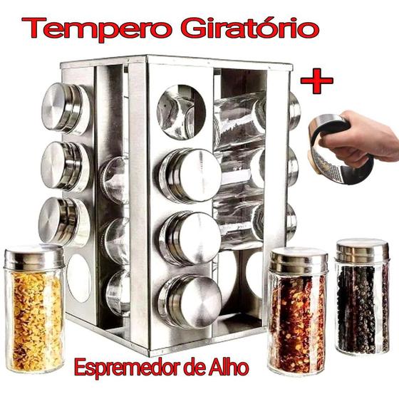 Imagem de Kit Cozinha Inox Não Enferruja -  Amassador de Alho e Porta Tempero Giratório 16 Potes