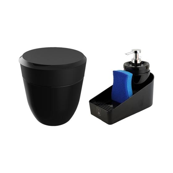 Imagem de Kit Cozinha Lixeira 2,5L Organizador De Pia Com Dispenser Detergente Porta Esponja Preto - Crippa
