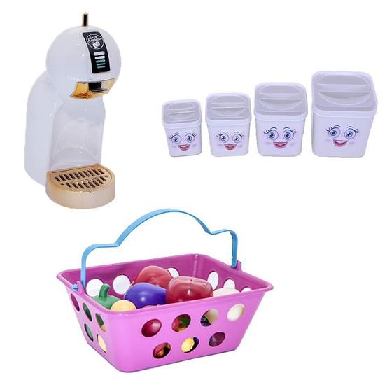 Imagem de Kit Cozinha Menina Infantil Brinquedo Cafeteira Mercado 18Peças