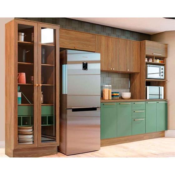 Imagem de Kit Cozinha Modulada 5 Peças Botanic 6 Peças (2Aéreos+1Balcão+2Paneleiros+1Complemento) M665 Nogueira/Verde Oliva - Kappesberg