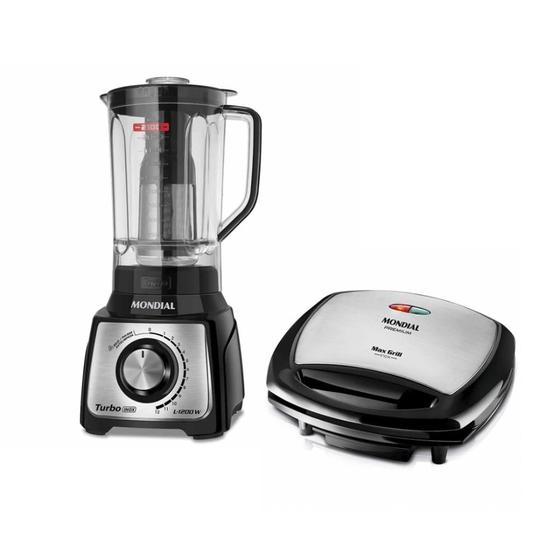 Imagem de Kit Cozinha Mondial Turbo Inox Max Grill com Liquidificador e Sanduicheira Grill G-07 L-1200