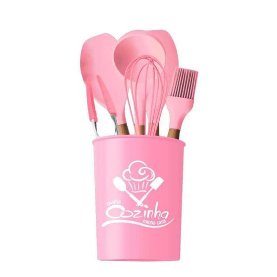 Imagem de Kit Cozinha Silicone Rosa Cabo Madeira 7Pçs Utensílios