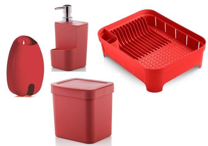 Imagem de Kit cozinha Vermelho 4 peças OU lixeira, porta detergente, escorredor louça, puxa saco porta sacola