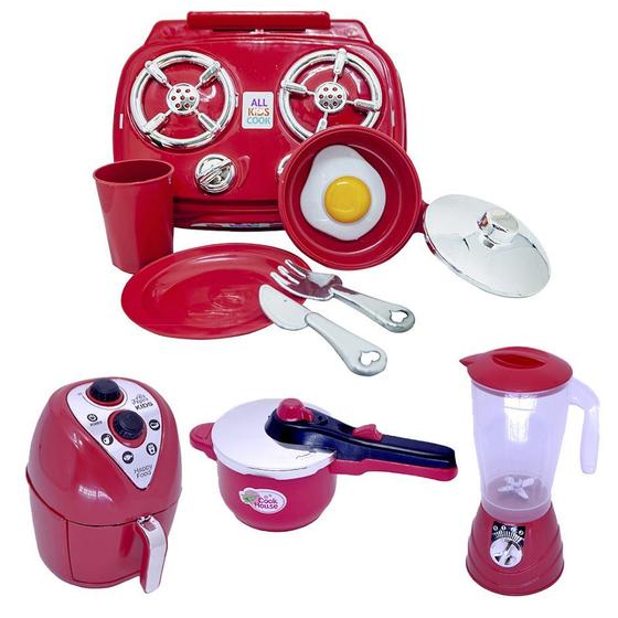 Imagem de Kit Cozinha Vermelho Brinquedo Infantil Air Fryer Fogão 9pç