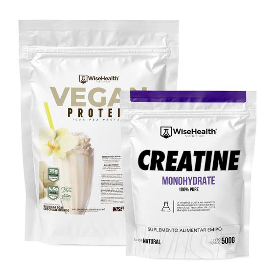 Imagem de Kit Creatina 500g + Vegan Protein - Proteína Vegana de Ervilha Baunilha & Chocolate Branco 837g - WiseHealth