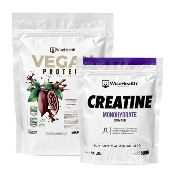 Imagem de Kit Creatina 500g + Vegan Protein - Proteína Vegana de Ervilha Cacau & Chocolate 837g - WiseHealth