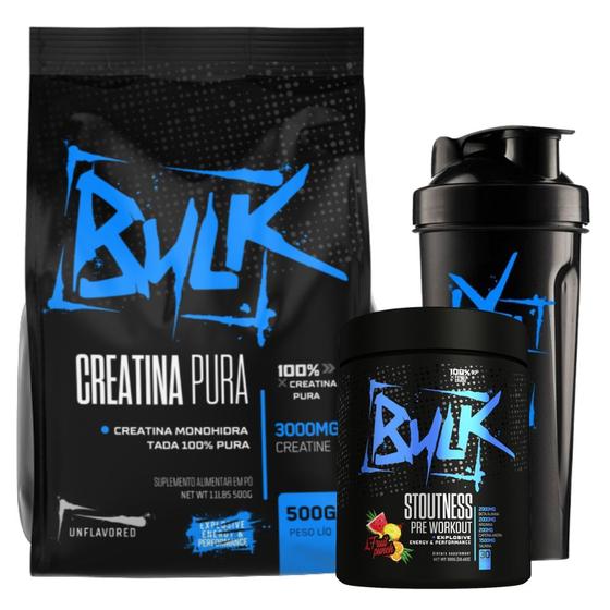 Imagem de Kit Creatina Pura 100% Monohidratada 500g + Pré Treino Stoutness 300g + Shaker - Bulk Suplementos