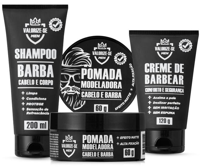 Imagem de Kit Creme de Barbear + Shampoo 3 em 1 - Barba, Cabelo e Corpo + Pomada Cabelo e Barba / VALORIZE-SE MEN