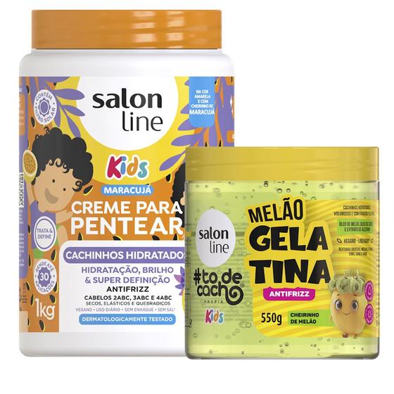 Imagem de Kit Creme De Pentear Salon Line Kids Cachinhos Hidratados Maracujá 1kg + Gelatina Salon Line Todecacho Kids Antrifrizz Melão 550g