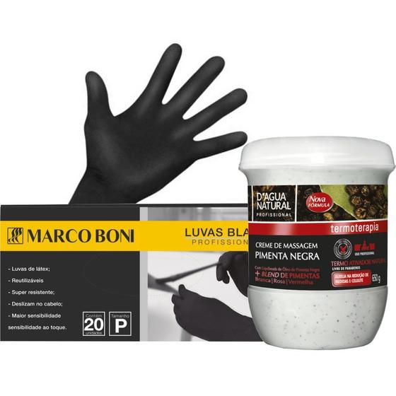 Imagem de Kit creme de pimenta negra 650g e 10 pares luvas latex p proteção marco boni