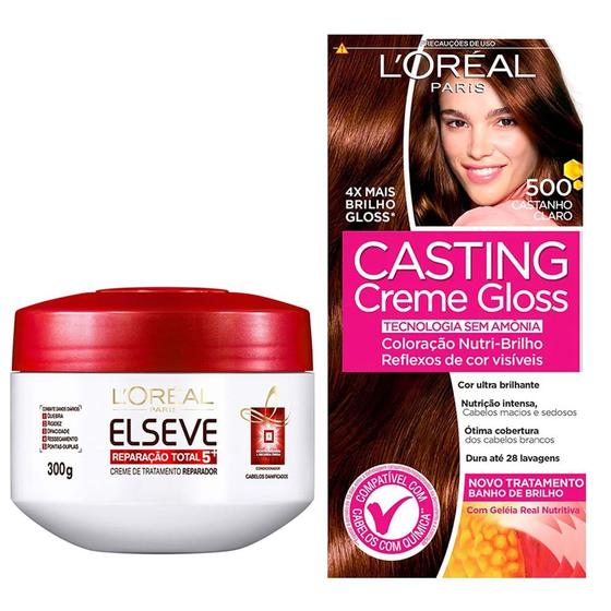 Imagem de Kit Creme de Tratamento Elseve Reparação Total 5 300g e Tintura Creme Casting Creme Gloss L'oréal Castanho Claro 500
