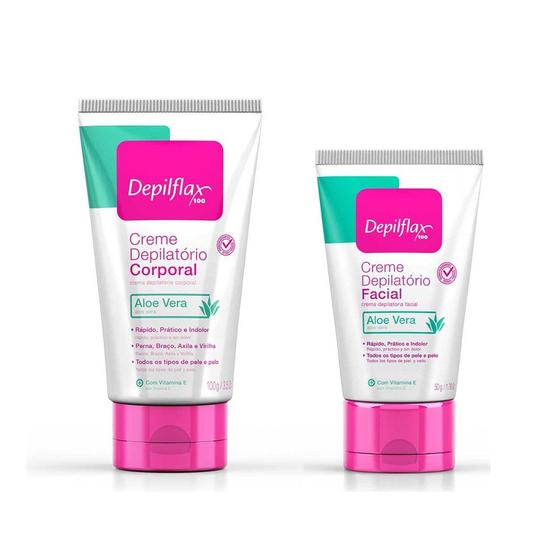 Imagem de Kit Creme Depilatório Facial e Corporal com Aloe Vera Depilflax Indolor 50/100g