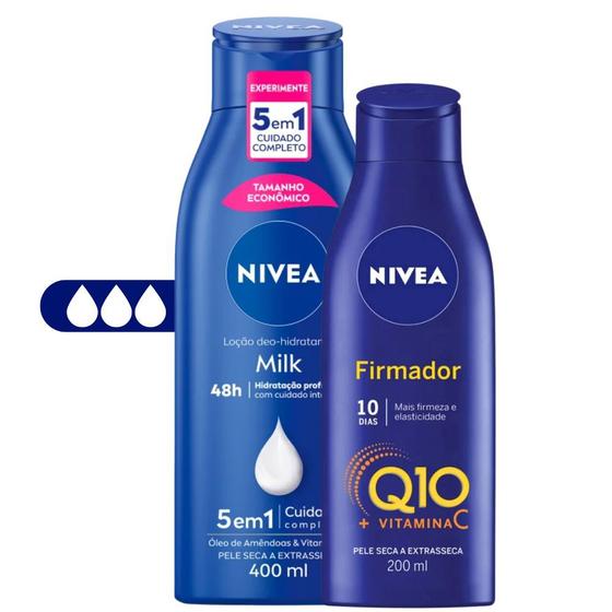 Imagem de Kit Creme Hidratante Corporal Firmador Q10 Com Vitamina C 200ml + Hidratante Milk 400ml com Óleo de Amêndoas Nivea