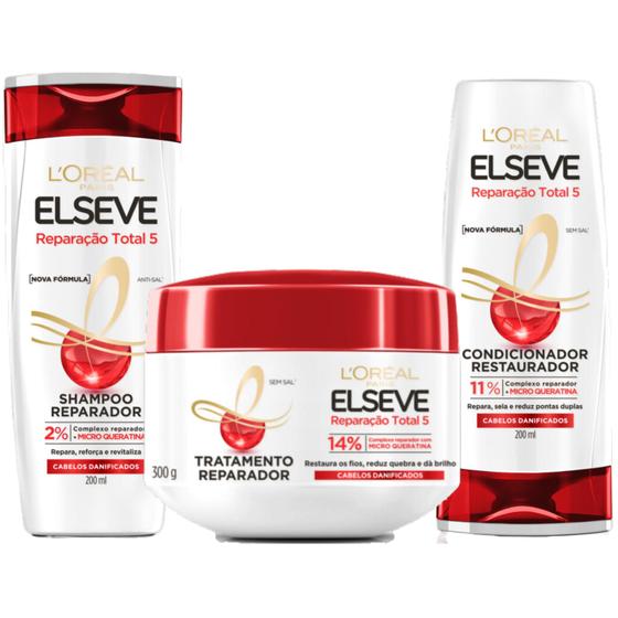 Kit Creme Tratamento, Shampoo e Condicionador Reparação Total 5 - Elseve Imagem de Kit Creme Tratamento, Shampoo e Condicionador Reparação Total 5