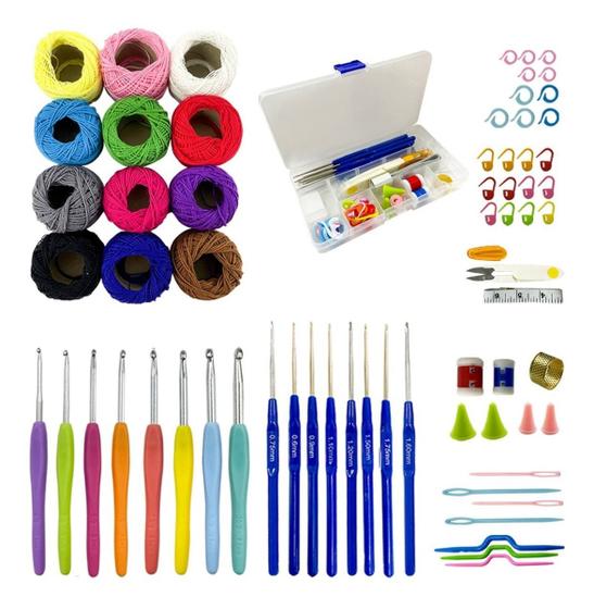 Kit Crochê Trico Completo 16 Agulhas 12 Linhas De Algodão Coloridas ...