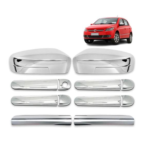Imagem de Kit Cromado Apliques Maçaneta + Retrovisor + Grade dianteira Volkswagen Gol G5 2008 2009 2010 2011 2012 2013 4 Portas