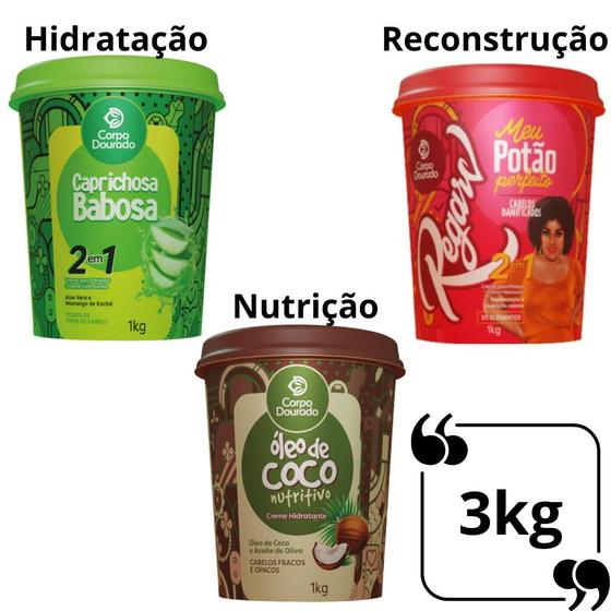 Imagem de Kit Cronograma Capilar Hidratação, Nutrição e Reconstrução Corpo Dourado 1kg Creme de Tratamento para Pentear Regarv