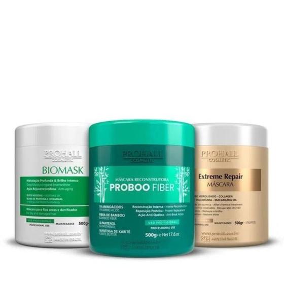 Imagem de Kit Cronograma Capilar Profissional Premium 500g Prohall Professional - Proboo Fiber, Biomask, Extreme Repair