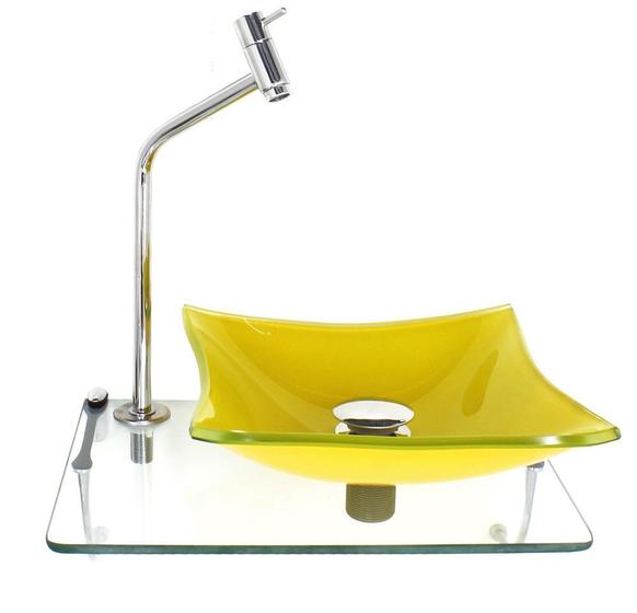 Imagem de Kit cuba de vidro 10mm amarela tampo 40cm incolor com suporte torneira valvula