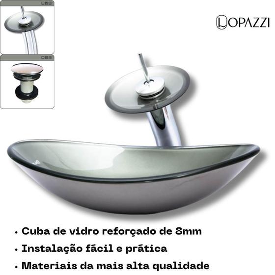 Imagem de Kit cuba de vidro oval canoa com torneira cascata monocomando e válvula click up inclusa para banheiros e lavabos- acabamento em tinta epóxi