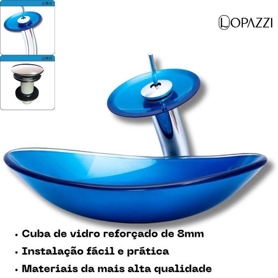 Imagem de Kit cuba de vidro oval canoa com torneira cascata monocomando e válvula click up inclusa para banheiros e lavabos- acabamento em tinta epóxi