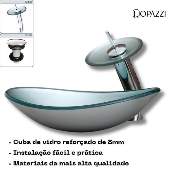 Imagem de Kit Cuba de Vidro Oval Canoa + Torneira Cascata Monocomando + Válvula Click UP Banheiros Lavabos