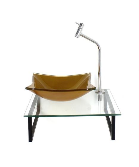 Imagem de Kit cuba de vidro quadrada 10mm dourado real com tampo 40cm incolor e suporte preto