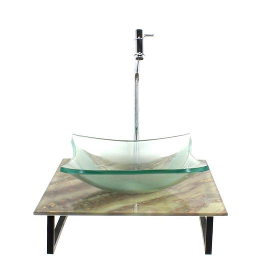 Imagem de Kit cuba de vidro quadrada 10mm incolor com tampo de vidro 40cm x 40cm mármore marfim e suporte torneira valvula