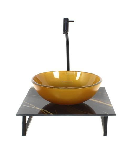 Imagem de Kit cuba de vidro redonda 10mm com tampo de vidro 40cm x 40cm mármore preto dourado e suporte preto