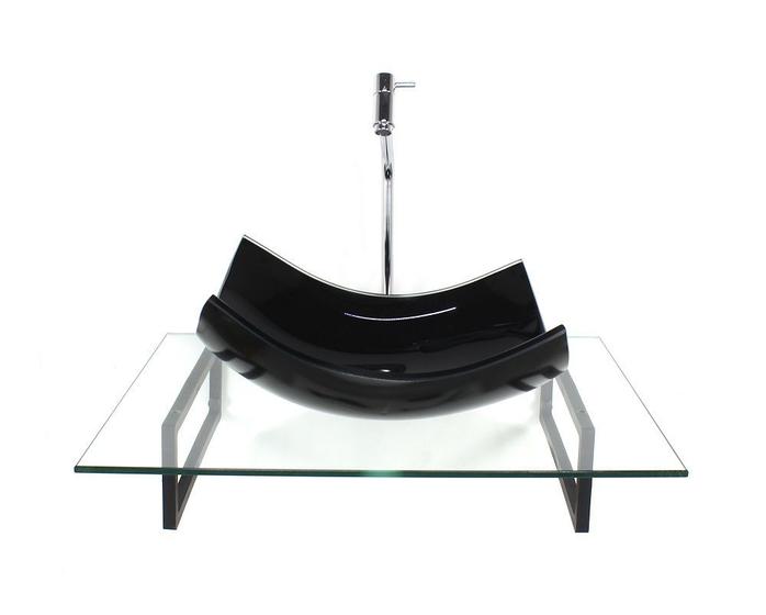 Imagem de Kit cuba de vidro retangular curvada preta com tampo 60cm incolor e suporte torneira valvula
