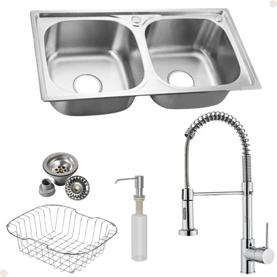 Imagem de Kit Cuba Dupla  Acessórios Com Torneira Gourmet Misturador Monocomando Cromada