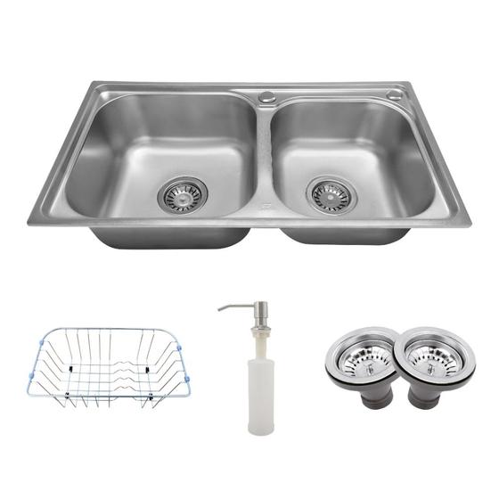 Imagem de Kit Cuba Dupla Aço Inox 304  Cozinha Gourmet Com Torneira 