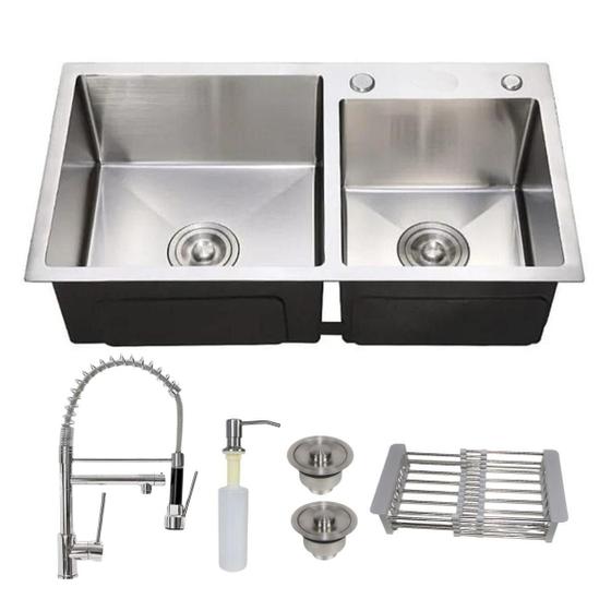 Imagem de Kit Cuba Dupla Cozinha Aço Inox 304 + Torneira Gourmet Monocomando + Escorredor de Louça