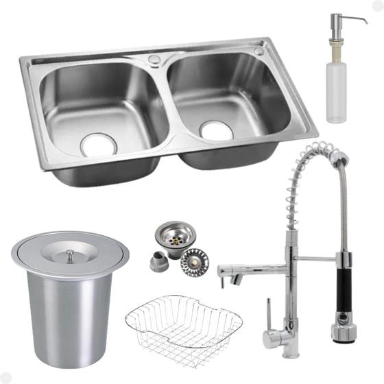 Imagem de Kit Cuba Dupla Inox  Acessórios Com Torneira Gourmet Monocomando Vip Cromada E Lixeira de Embutir 5 Litros