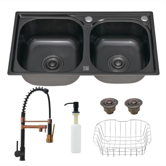 Kit Cuba Dupla Preta C/ Torneira Gourmet Rose Gold Preta - Kparts Importadora Imagem de Kit Cuba Dupla Preta C/ Torneira Gourmet Rose Gold Preta