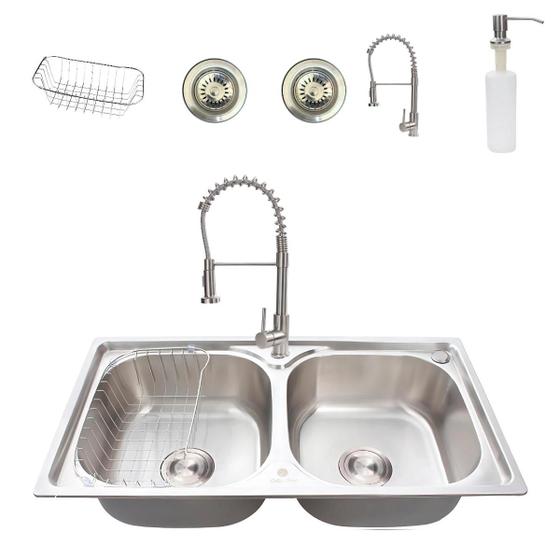 Imagem de Kit cuba gourmet dupla com Torneira monocomando e lixeira