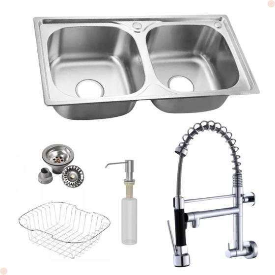 Imagem de Kit Cuba Gourmet Dupla Inox Com Acessórios E Torneira Gourmet Vip Parede Cromada