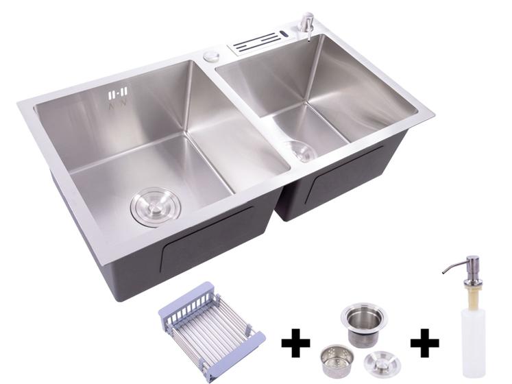 Kit Cuba Inox Quadra Dupla 78 X 43 Cm Com Válvula Acessórios Menor preço em Kit Cuba Inox Quadra Dupla 78 X 43 Cm Com Válvula Acessórios