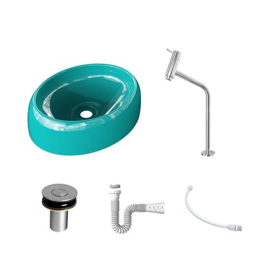 Imagem de Kit Cuba OV39 C/Torneira Link 1062 Metal + Válvula Click 1''B (2,6cm) + Sifão Pvc + Flexível