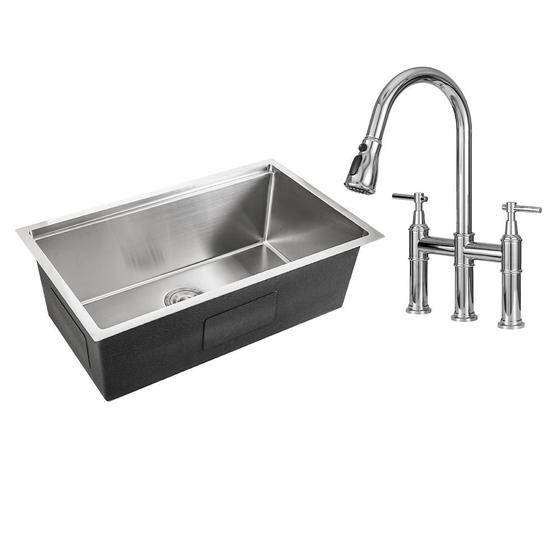 Imagem de Kit Cuba para Cozinha com Acessórios Jarauara e Torneira Misturador Extensível Duplo Comando Içá - Prata
